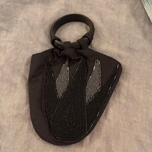 Chic vintage satin  Black Beaded wooden Wristlet